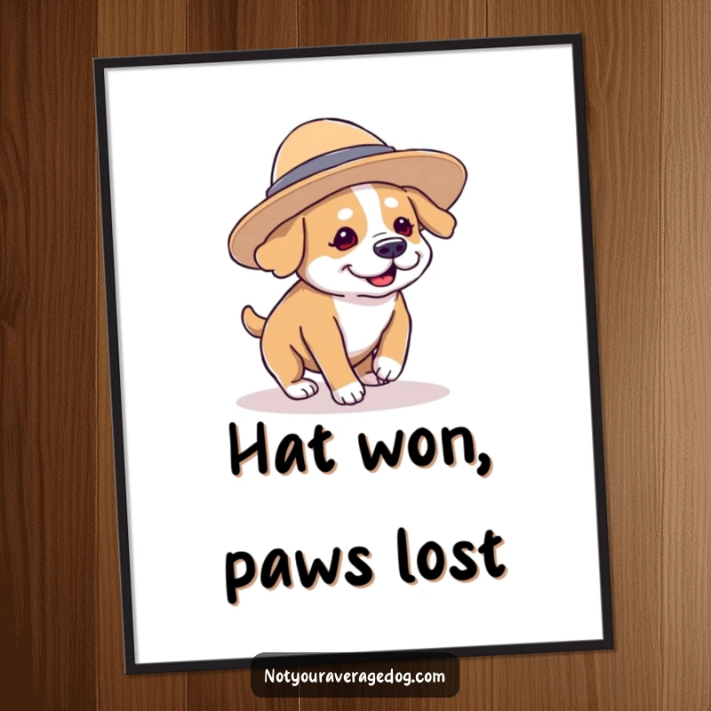 Funny dog character wearing a comically oversized hat and tripping over its paws, a high-resolution digital art print.