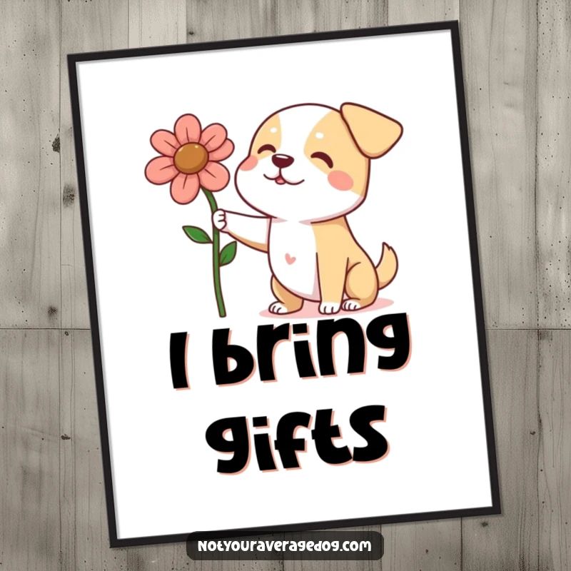 Funny dog triumphantly presenting an oversized, squashed flower as a digital art print, symbolizing heartfelt effort for decor.