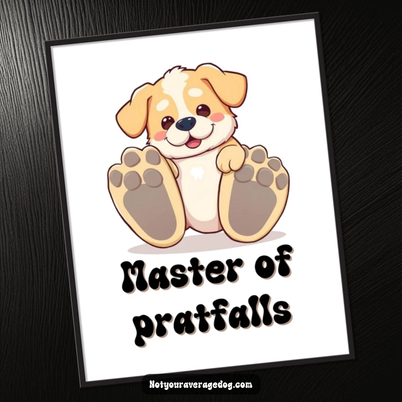 Funny tripping dog digital art print, a silly dog tripping over its own enormous paws, comical.