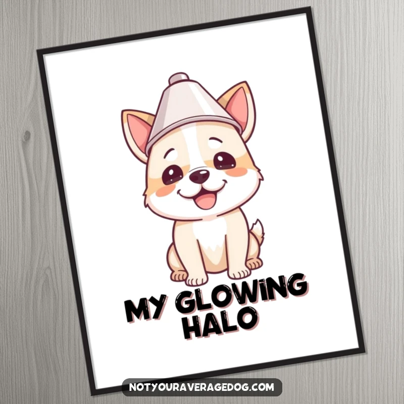 Funny digital art print of a dog wearing a lampshade, capturing a moment of pure, unadulterated, and delightful canine silliness.