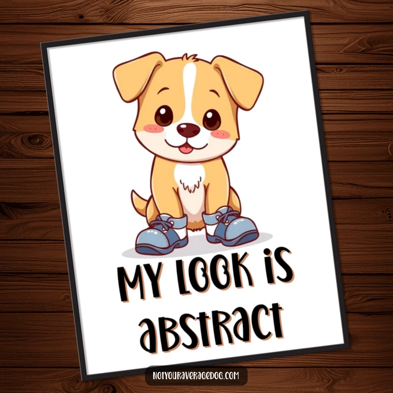 Funny digital art print of a clumsy dog with mismatched shoes, captured in a moment of adorable awkwardness. Instant humorous download.