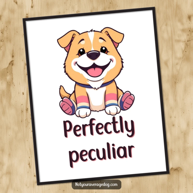 Funny digital art print of a dog wearing mismatched socks and a silly grin, capturing a moment of pure canine joy.