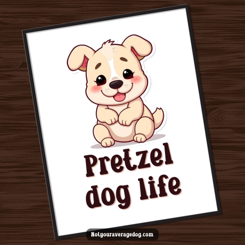 Printable funny dog twisted into a pretzel shape, a humorous digital art piece for walls.