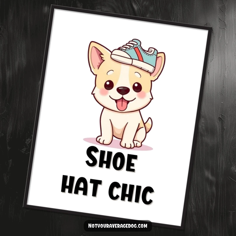 Printable funny dog attempting to wear a shoe as a hat, a humorous digital art piece for walls.