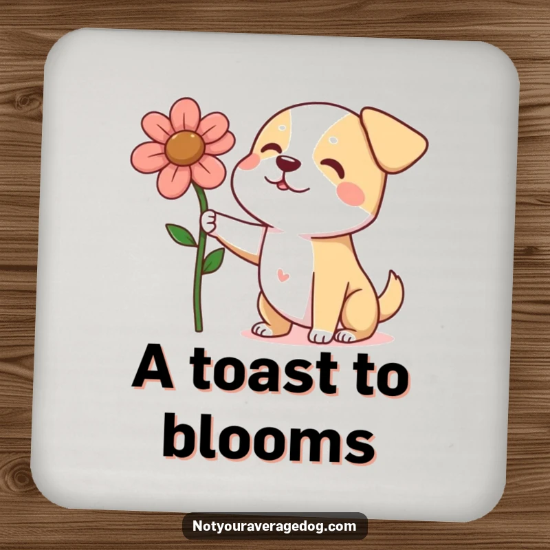 Funny dog presenting a large, squashed flower depicted on a drink coaster, a charming and humorous addition to any table.