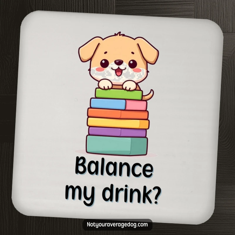 Funny dog coaster with a character precariously balancing a stack of colorful blocks, protecting surfaces.