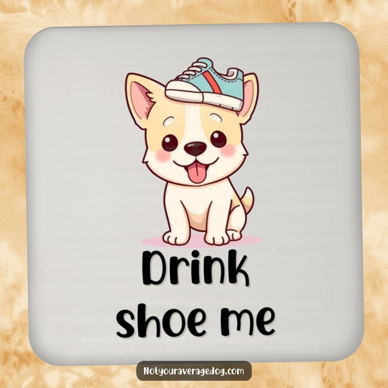 Funny dog with a shoe as a hat on drink coasters, providing humorous surface protection.