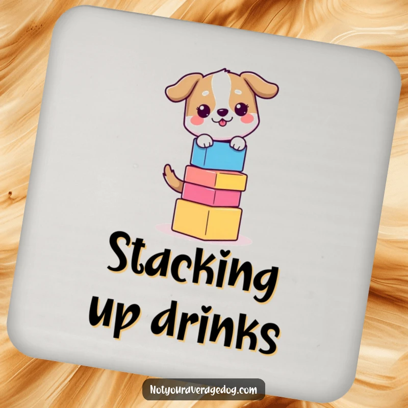 Funny Balancing Dog Coaster: Dog balancing colorful blocks, offering protective humor and a steady hand.