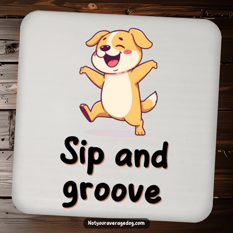 Funny coasters featuring a dog performing a wildly exaggerated and clumsy dance, adding humor to drink protection.