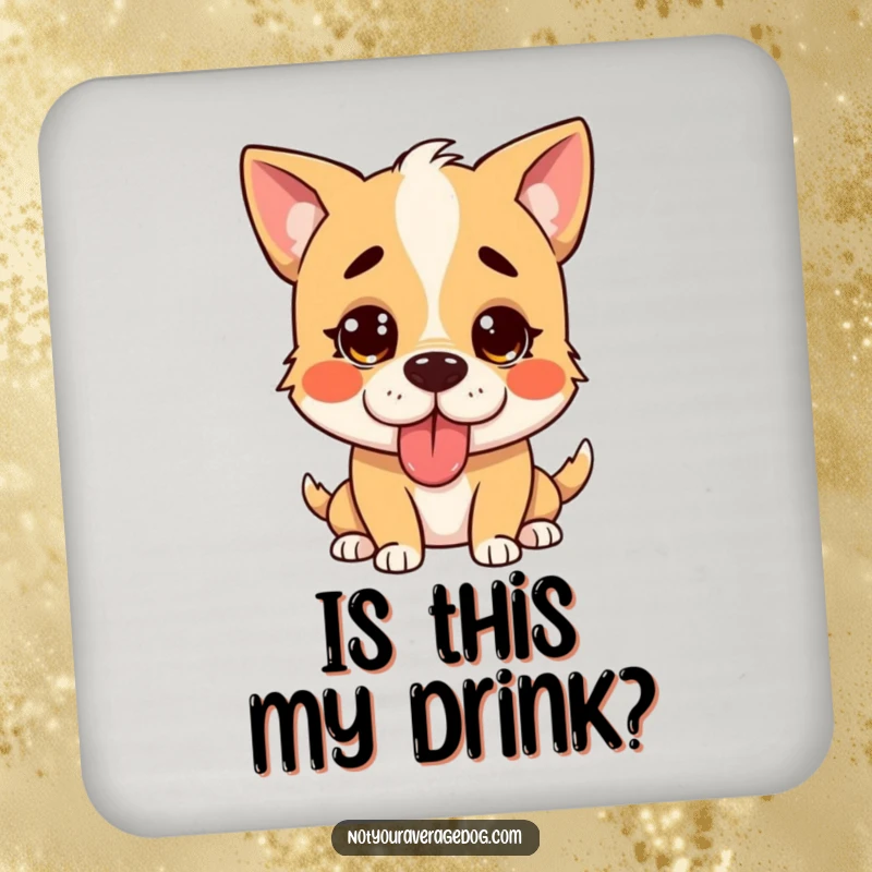 Funny confused dog coasters, featuring a silly dog with its tongue sticking out, looking bewildered.