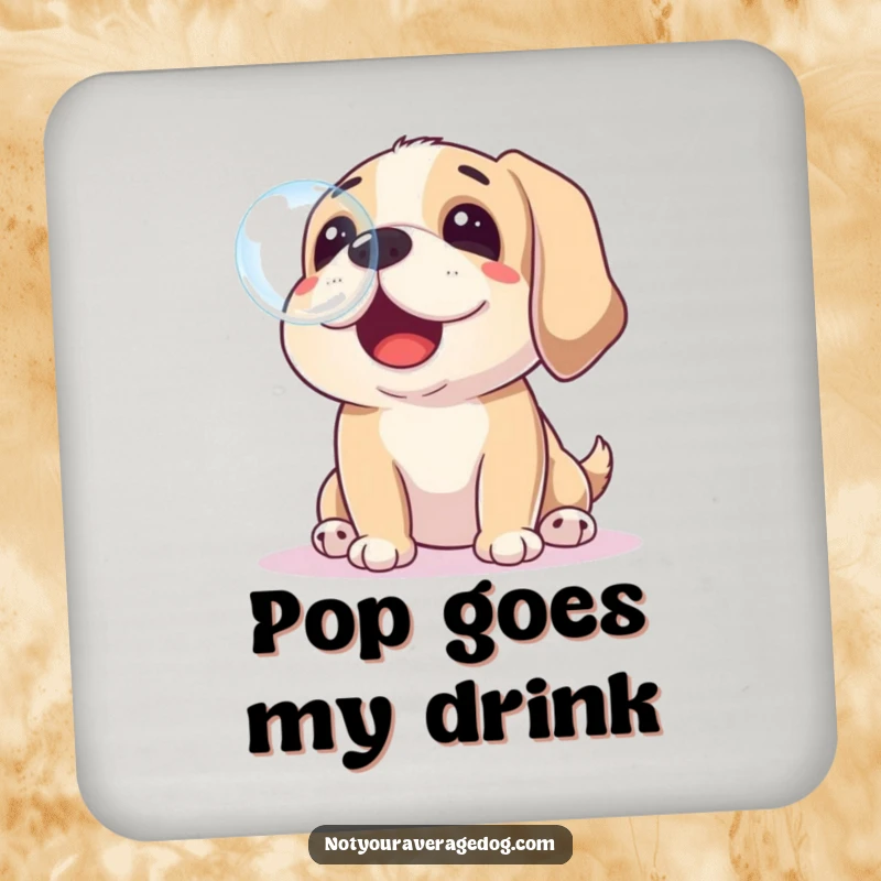 Funny drink coasters with a dog playfully trying to catch a soap bubble with its nose, adding whimsical decor.