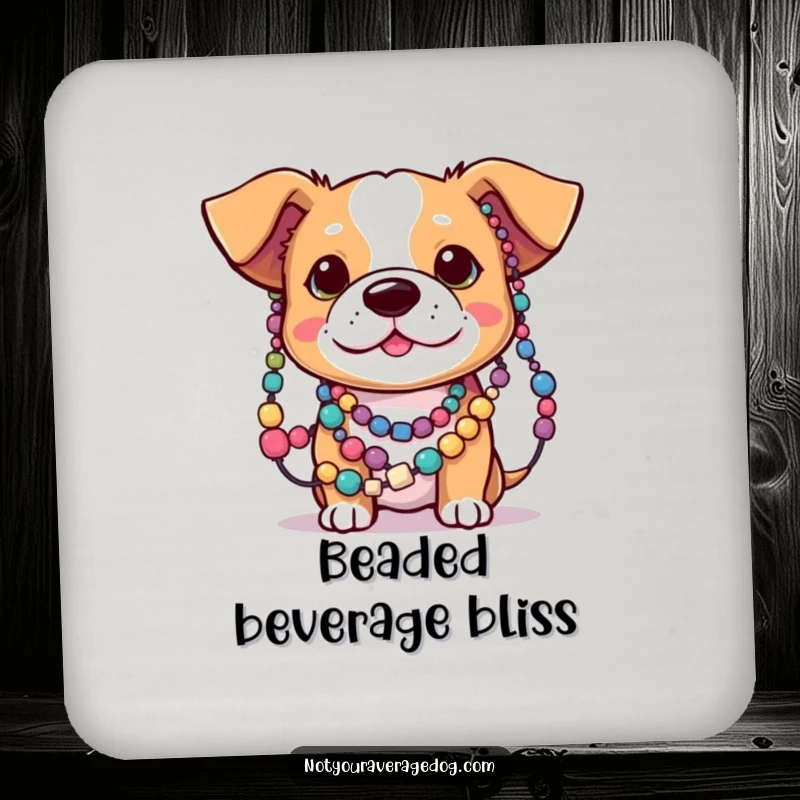 Funny drink coasters with a dog’s ears tangled in colorful beads, adding whimsical and humorous decor to tables.