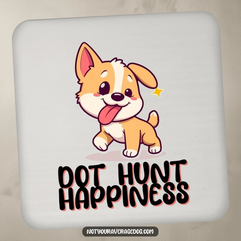 Funny dog with tongue sticking out sideways, chasing a laser dot, on a drink coaster.