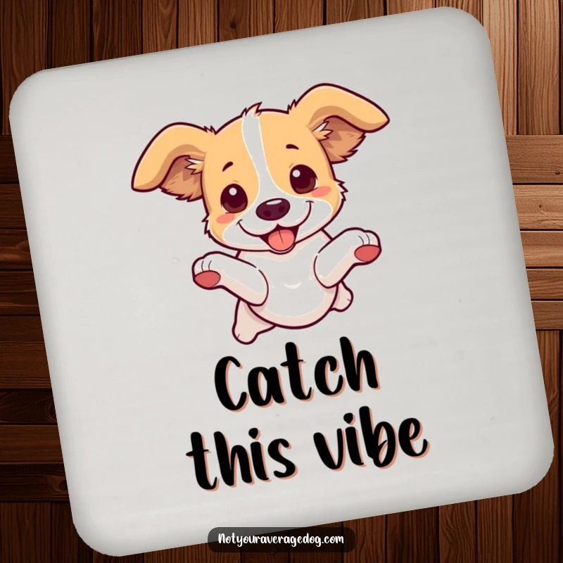 Funny Dog Leaping Coaster: A dog's dynamic leap with floppy ears protects surfaces with humor.