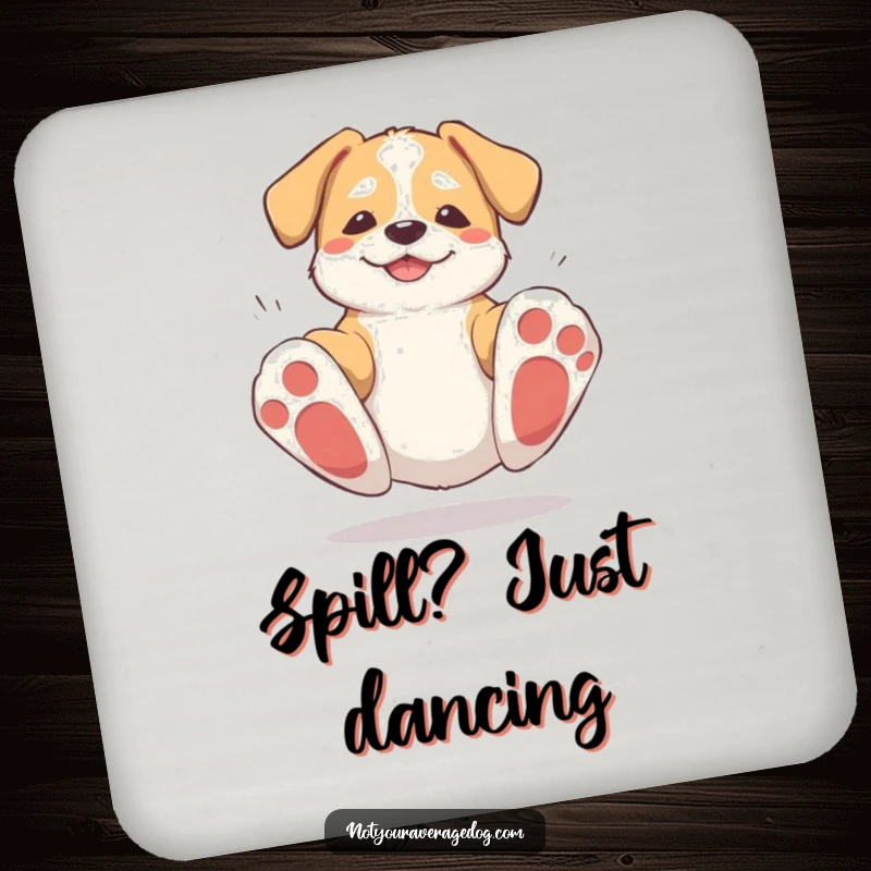 Funny drink coasters featuring a dog tripping over its large paws and getting up, adding humor to home bar settings.