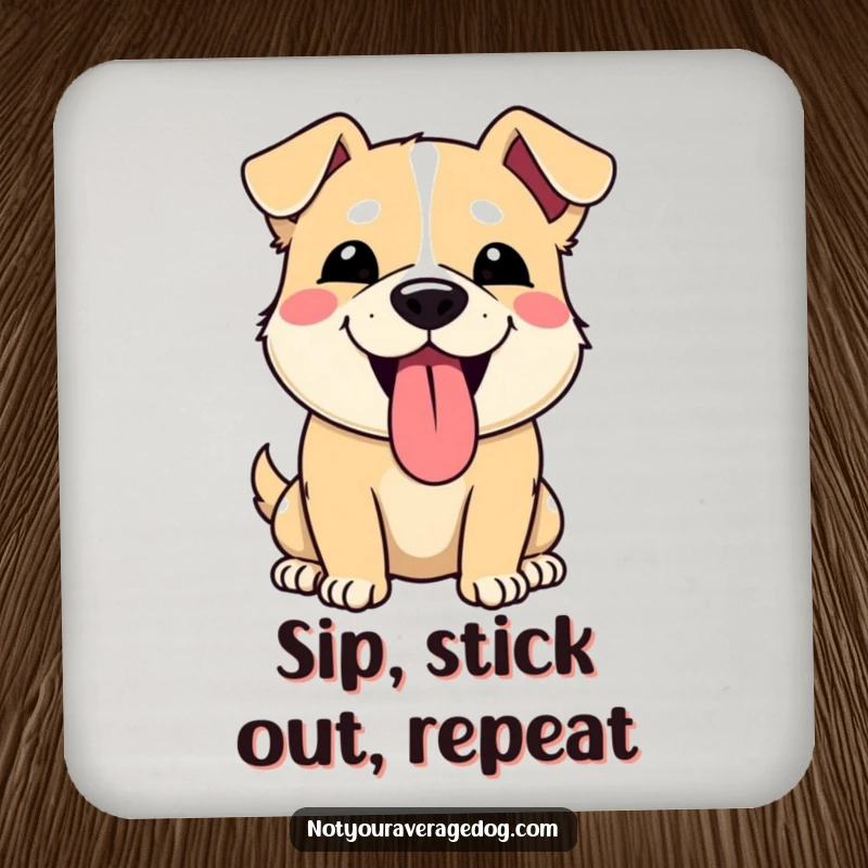 Funny drink coaster showing a dog making a silly face with its tongue sticking out. Protects surfaces with humorous design.