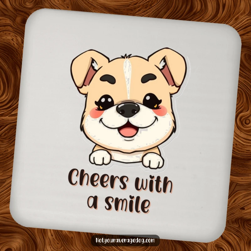 Funny drink coasters featuring a dog with exaggerated, squiggly eyebrows and a wide smile, protecting furniture.