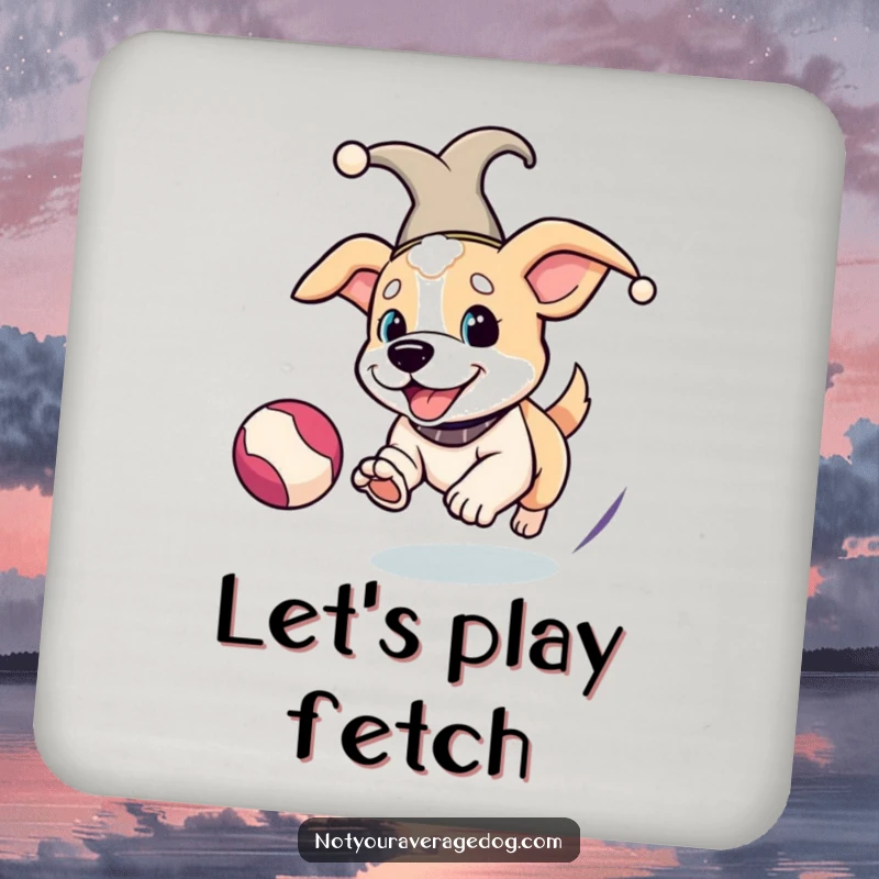 Funny Jester Dog Coaster: Dog wearing a jester hat, playing with a ball, offering protective humor.