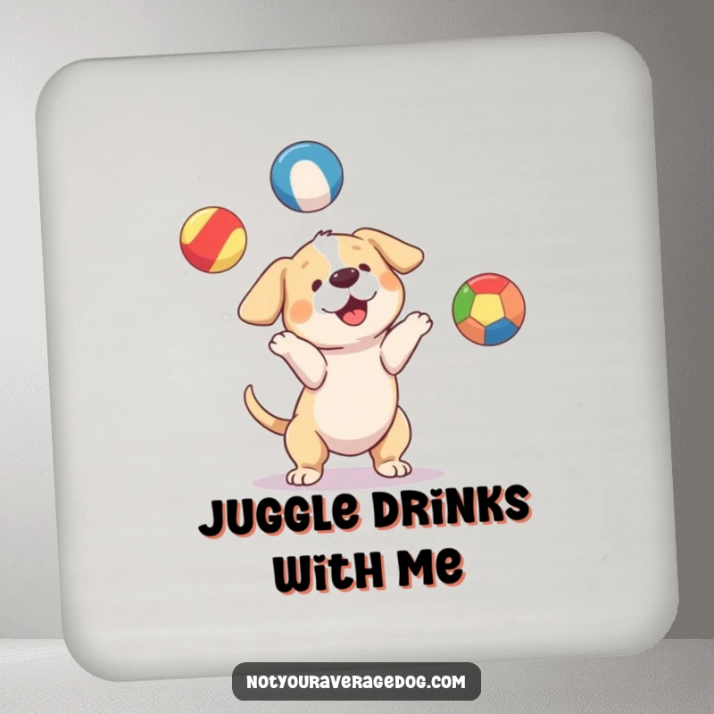 Funny dog character attempting to juggle three mismatched, brightly colored balls, a protective and humorous drink coaster.