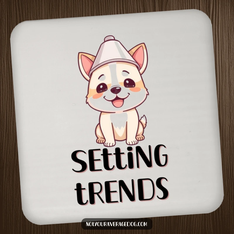 Funny drink coasters showcasing a dog wearing a lampshade, adding a quirky and humorous touch to any beverage setting.