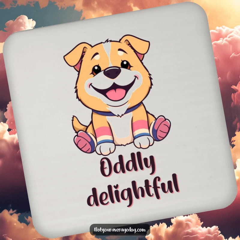 Funny drink coasters featuring a dog wearing mismatched socks and a silly grin, offering a whimsical way to protect surfaces.