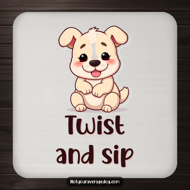 Funny dog contorted into a pretzel shape on drink coasters, offering humorous table protection.