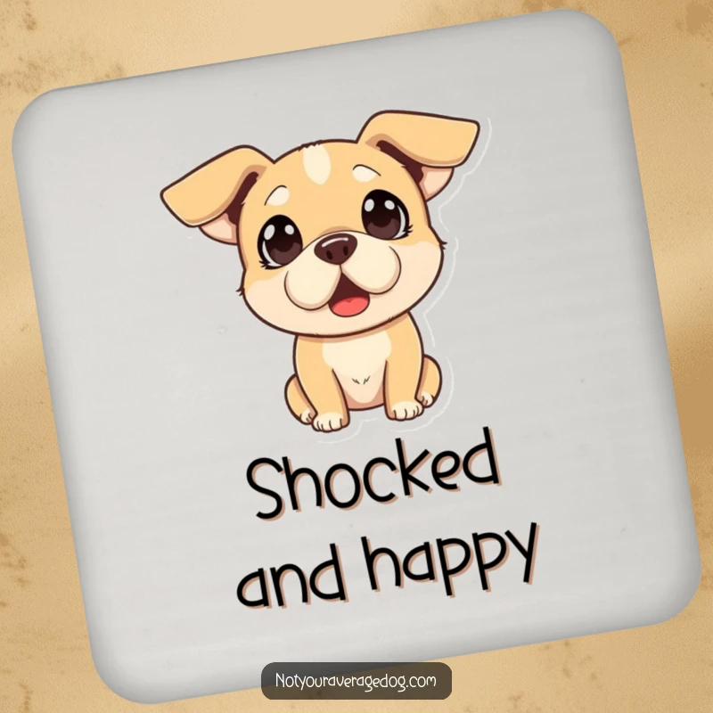 Funny coasters showcasing a dog with a comically surprised expression and floppy ears, offering stylish surface protection.