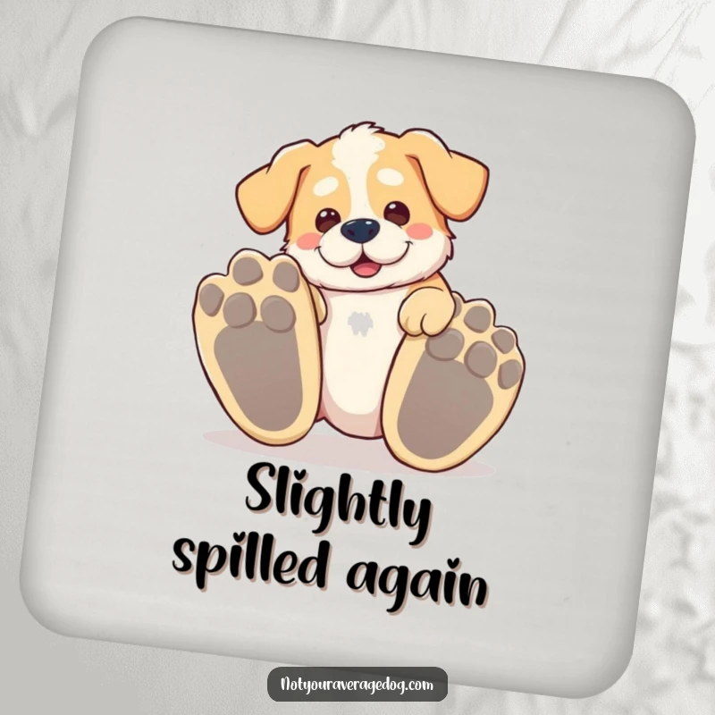 Funny tripping dog coasters, featuring a silly dog tripping over its own enormous paws, humorous.