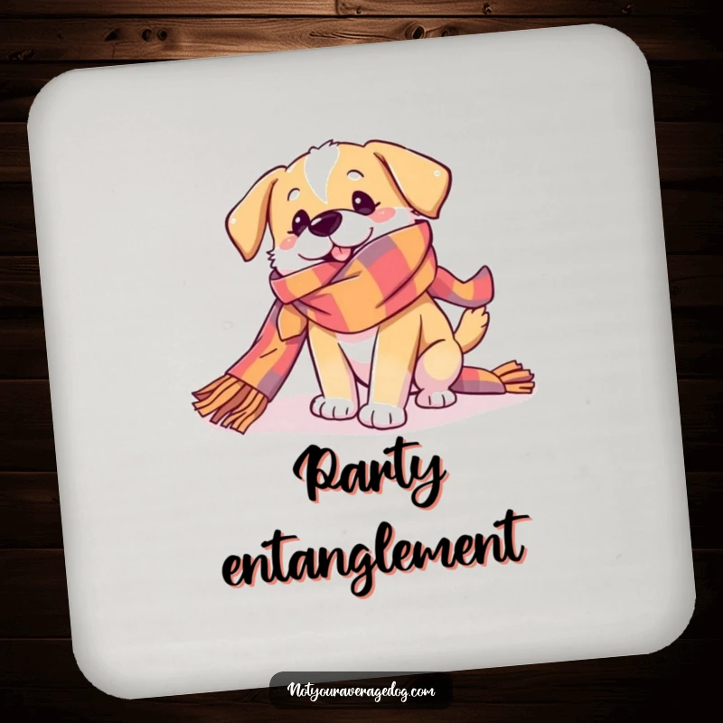 Funny Dog Coaster showing a dog playfully tangled in a very long, colorful scarf, protecting surfaces with adorable, humorous chaos.