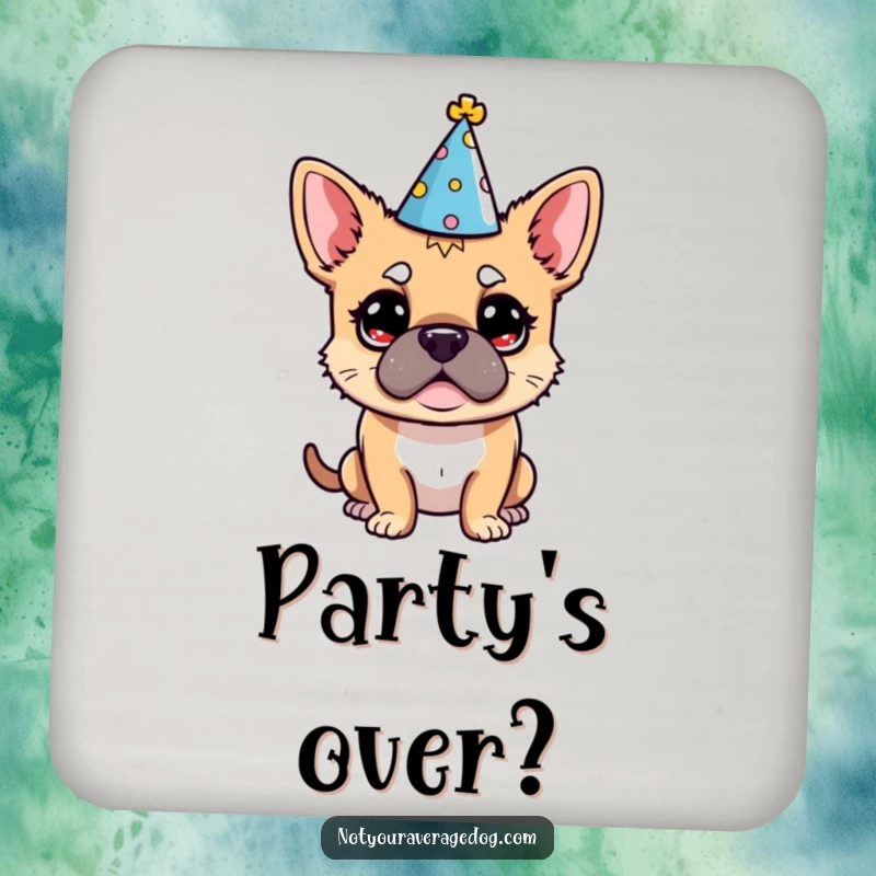 Funny Dog Party Hat Coaster: A dog's bewildered expression wearing a party hat protects surfaces with humor.