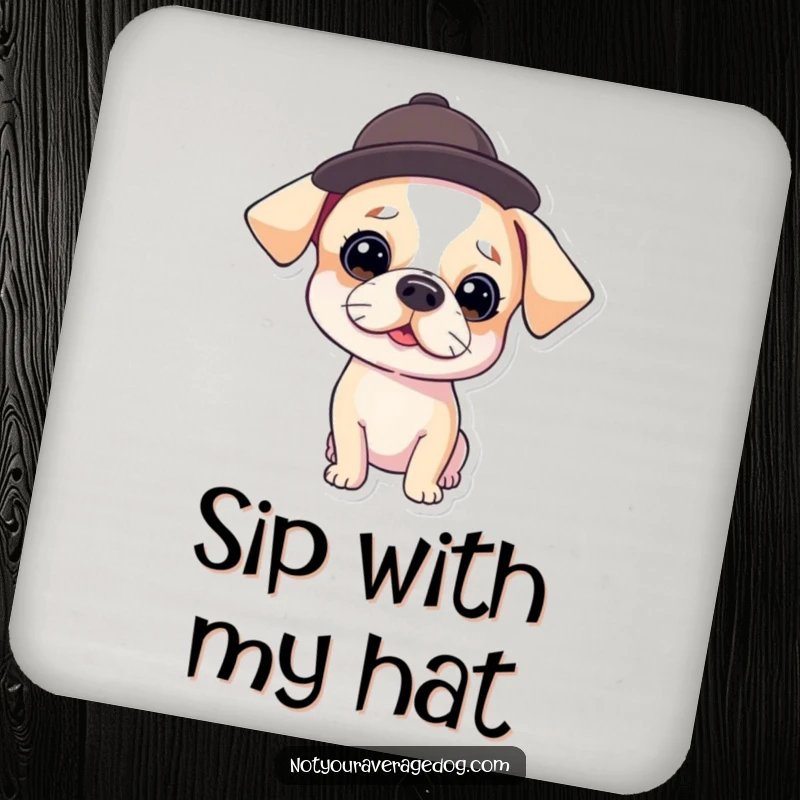 Funny Drink Coasters featuring a dog wearing a hat tilted at a comical angle, adding a playful and stylish touch to any drink.