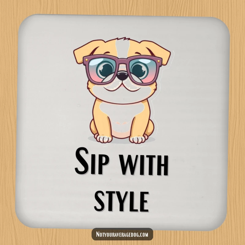 Funny Glasses Dog Coaster: Dog wearing oversized, comical glasses, offering protective humor and trendy style.