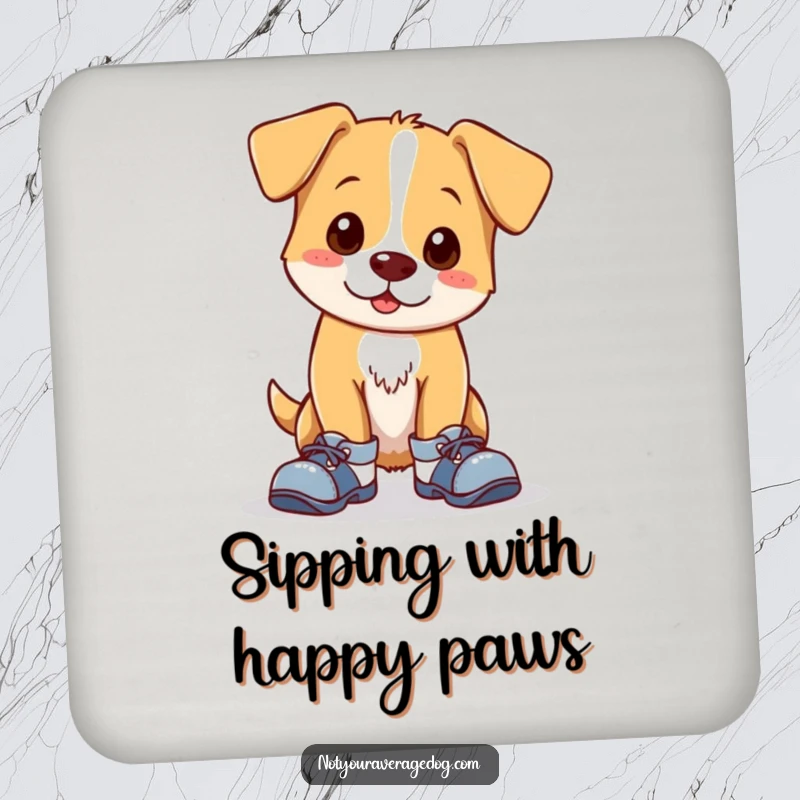 Funny drink coaster showcasing a clumsy dog wearing mismatched shoes, looking endearingly awkward. Protects surfaces with humor.