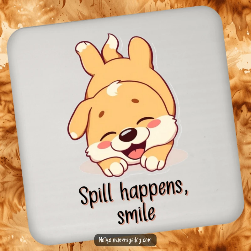 Funny dog coaster depicting a joyous dog tumbling head over paws, perfect for protecting surfaces with a cheerful design.