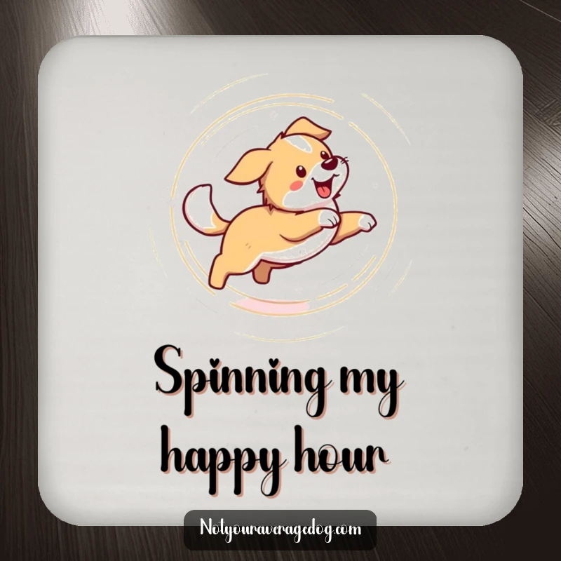 Funny drink coaster showing a dog in a dizzying circle chasing its tail. Protects surfaces with a humorous design.