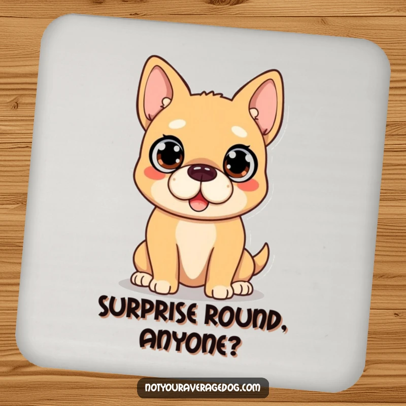 Funny Dog Coaster: Dog face displays comical surprise with huge, wide-open eyes, a humorous drink accessory.