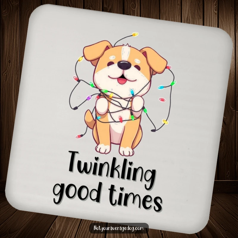 Funny Drink Coasters showcasing a dog tangled in playful, colorful lights, ideal for protecting surfaces festively.