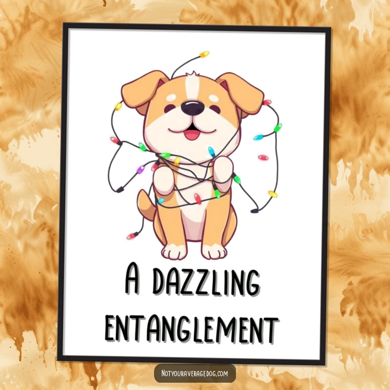 Funny Poster of a dog comically tangled in playful, colorful lights, perfect for holiday or pet-themed decor.