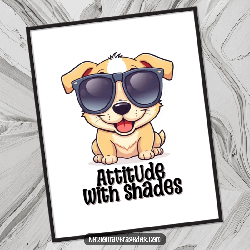 Funny poster art of a dog wearing oversized, goofy sunglasses with a massive, lop-sided grin, radiating pure silliness.