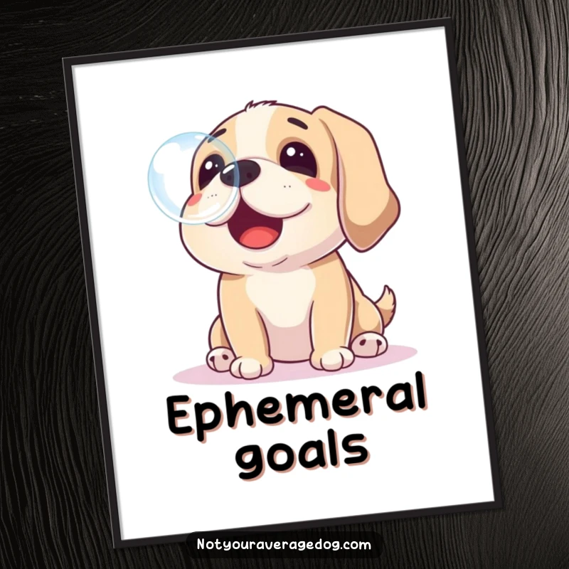 Funny art print of a dog playfully trying to catch a floating soap bubble with its nose, great for whimsical decor.