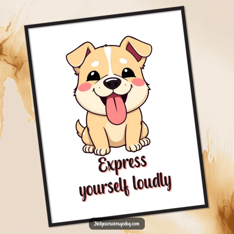 Funny poster print of a dog making a comical, silly face with its tongue sticking out. Humorous and expressive wall art.