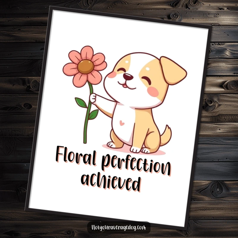 Funny dog triumphantly holding a large, squashed flower on a poster, a heartwarming and humorous piece of canine art.