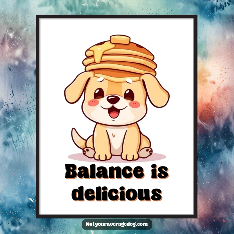 Funny poster art of a dog comically trying to balance a tall stack of pancakes on its head, capturing breakfast humor.