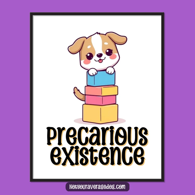 Funny Balancing Dog Poster - Whimsical Block Stacking Wall Art