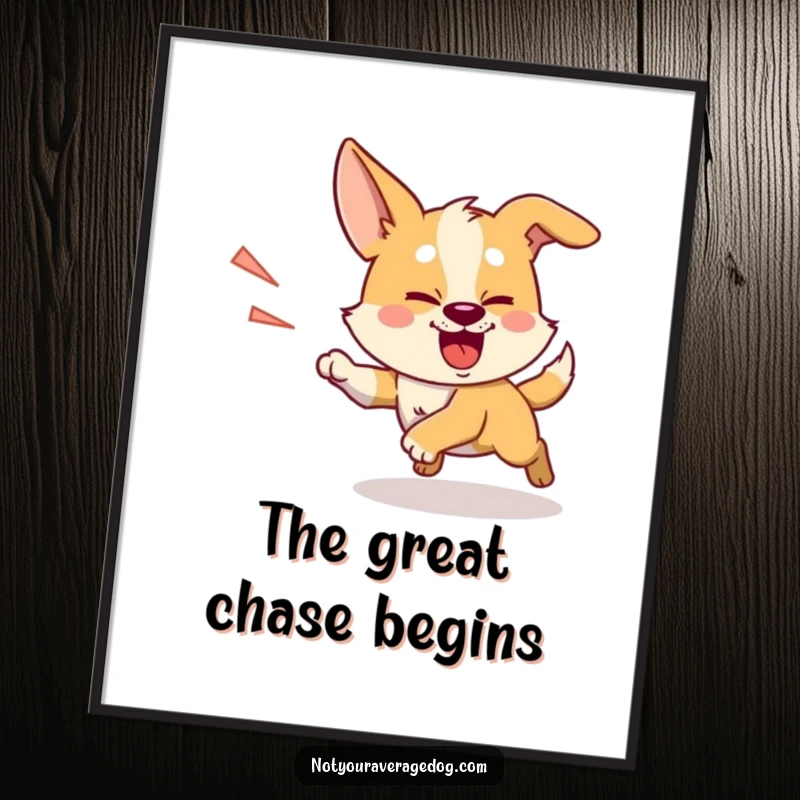 Funny chasing shadow dog poster, a silly dog with intense focus, enthusiastically chasing its shadow.