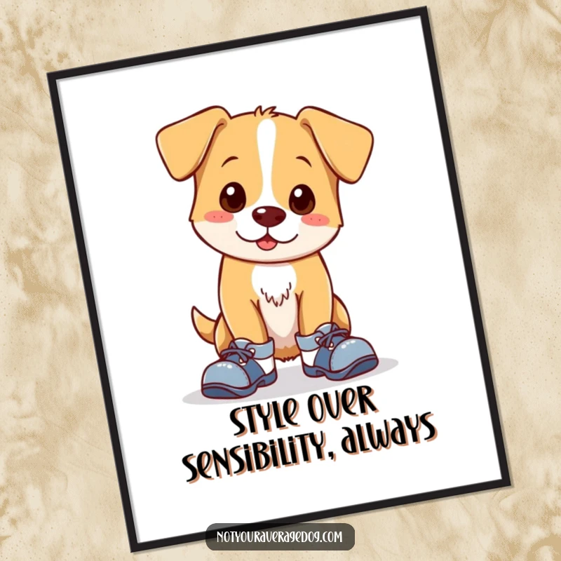 Funny poster print of a clumsy dog wearing mismatched shoes, appearing endearingly awkward. Perfect humorous wall art for any living space.