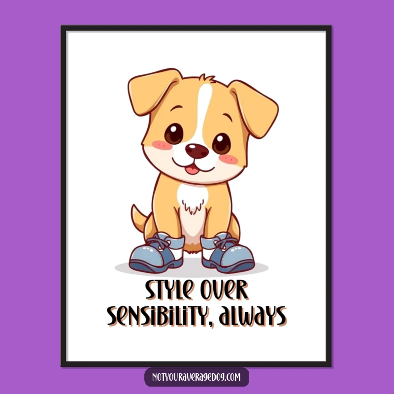 Funny Clumsy Dog Poster: Adorable Mismatched Shoes Wall Art for Humorous Homes