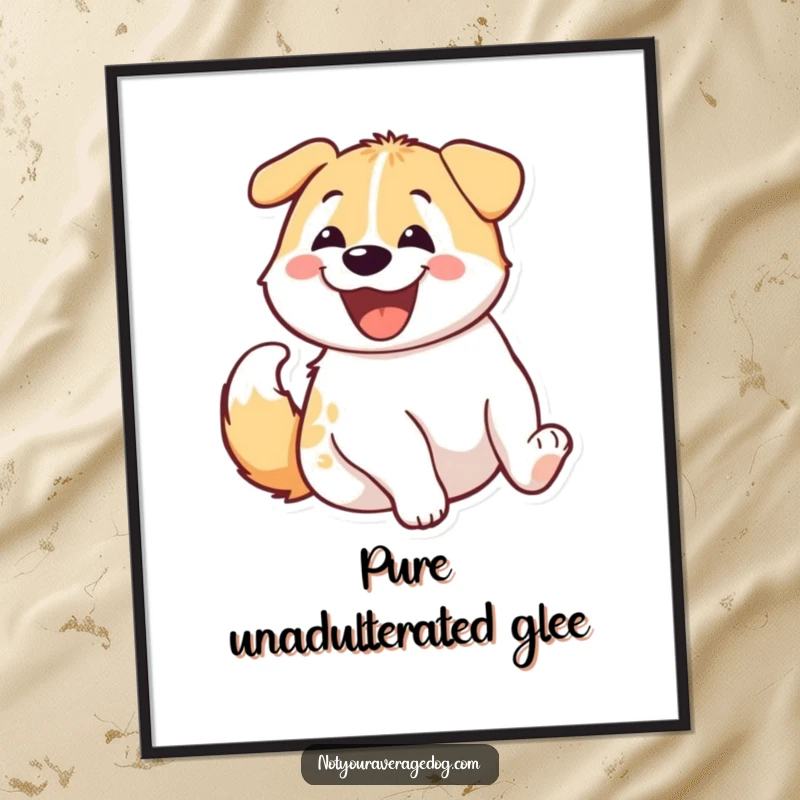 Funny dog’s hindquarters wiggling with extreme joy and a smile on a wall poster, a celebration of canine happiness.