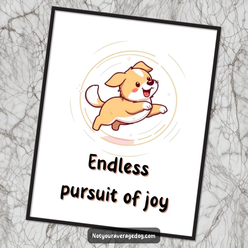 Funny poster print of a dog caught in a dizzying, comical loop chasing its tail. Lively and humorous wall art.