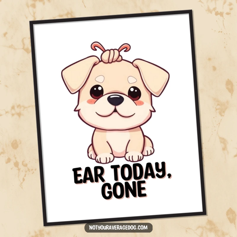 Funny art print of a dog with its ears humorously tied in a knot, perfect for wall decor.
